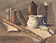 Still Life with Books Flute and Jug By Georg Scholz