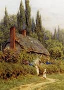 Children on a Path Outside a Thatched Cottage By Helen Allingham