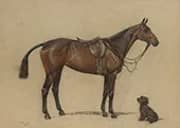 A Saddled Bay Hunter and a Terrier Companion By Cecil Aldin