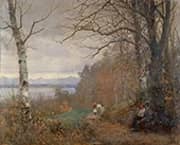 A Wooded Lake Landscape with Figures Seated on a Bench By Anders Andersen-Lundby