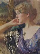 Dreamy Young Woman in a Purple Dress at the Window 1921 By Ferdinand Max Bredt