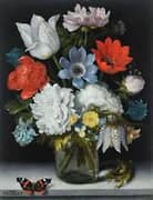 Flowers in a Glass Flask on a Marble Ledge By Ambrosius Bosschaert