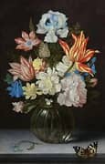 Still Life of Striped Tulips and Other Flowers in a Globular Glass Vase By Ambrosius Bosschaert