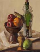 Still Life with Apples Pears Orange and Wine Bottle By Hughie Lee-Smith