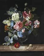 Flowers in a Glass Vase on a Marble Ledge By Willem van Aelst