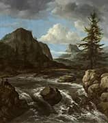 Rocky Landscape with a Waterfall By Jacob van Ruisdael