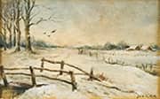 Snow Covered Expansive Landscape with a Stream and Wooden Footbridge By Hanns Ludwig Katz