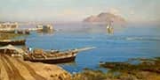 Marina with Boat and Fishermen By Francesco Lojacono
