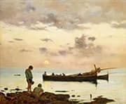 Marina with Fishing Boat and Boys By Francesco Lojacono