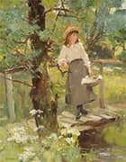 Girl on a Sunlit Bridge in a Flower Strewn Meadow By David Fulton