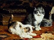 Two Kittens Playing on a Desk By Charles van den Eycken