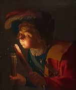 A Boy Blowing on a Firebrand By Gerard van Honthorst