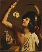 A Young Man Holding a Burning Candle and a Scamorza Cheese By Gerard van Honthorst