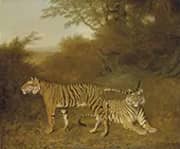 Two Bengal Tigers in an Savannah Landscape with a Man in a Tree By Jacques-Laurent Agasse