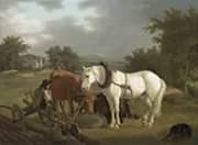 A Rural Landscape with a Ploughman Resting with his Grey Horse Cattle and Dog By Jacques-Laurent Agasse