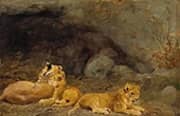 A Lioness and Her Cubs By Wilhelm Kuhnert
