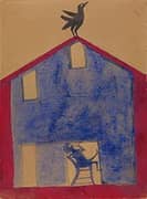 Man in Blue House with Rooster By Bill Traylor