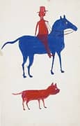 Red Man on Blue Horse with Dog By Bill Traylor
