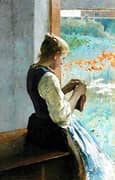 Girl Sewing By Hugo Salmson
