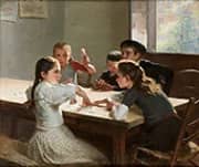 Interior with Children Playing Cards By Hugo Salmson