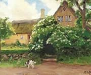 Flowering Elderberry Bush and Dog By Hans Andersen Brendekilde
