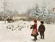 Two Children Feeding Birds in the Snow By Hans Andersen Brendekilde