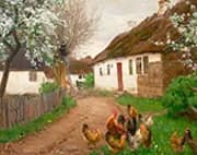 Village Life on a Spring Day with People and Trees By Hans Andersen Brendekilde