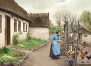 Woman Feeding Chickens in front of a Whitewashed Farmhouse on an Autumn Day By Hans Andersen Brendekilde