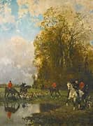 Huntsmen Gathering Their Hounds By Rene Princeteau