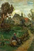 Resting Traveler in Front of a Large Farm Estate By Wilhelm Amberg