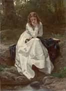 Young Woman Seated By A Stream 1886 By Wilhelm Amberg