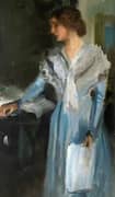 Young Lady in a Blue Dress in an Interior By Ferdinand Max Bredt