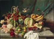 Still Life With Fruit With Butterfly and Goldfinch By Hans Zatzka