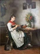 Knitting Girl at the Table By Rudolf Epp