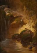 Rocky Corner by the Stream with Robins By Rudolf Epp
