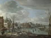 A Frozen River near a Village with Golfers and Skaters By Aert van der Neer