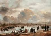 A Winter Landscape with Skaters and Townsfolk on a Frozen Waterway By Aert van der Neer