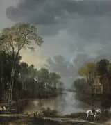 Scene at Dusk with a Horseman Pulling a Boat Along a Canal By Aert van der Neer