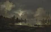 View of a Lakeside Town by Moonlight with Nettings Hanging out to Dry 1660 By Aert van der Neer