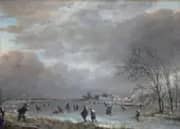 Winter Landscape with Skaters on a Frozen River By Aert van der Neer