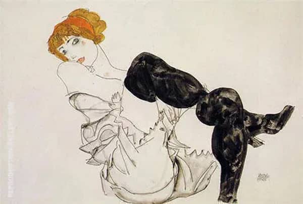 Woman in Black Stockings, 1913 by Egon Schiele | Oil Painting Reproduction