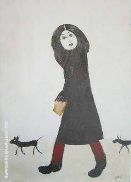 Lady with a Dog and Half 1963 by L-S-Lowry | Oil Painting Reproduction