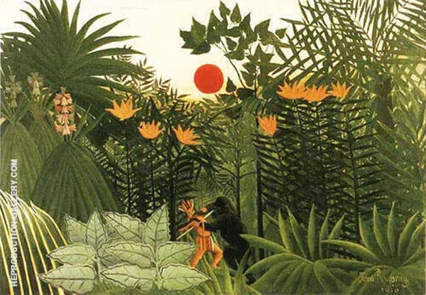 Tropical Landscape American Indian Struggling with a Gorilla | Oil Painting Reproduction