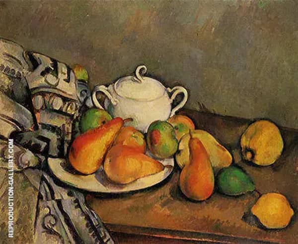Sugar Bowl, Pears and Rug 1888 by Paul Cezanne | Oil Painting Reproduction