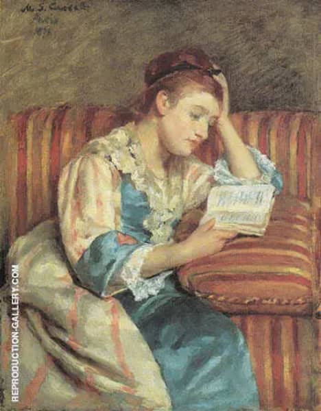 Mrs Duffee Seated on a Striped Sofa Reading 1876 | Oil Painting Reproduction