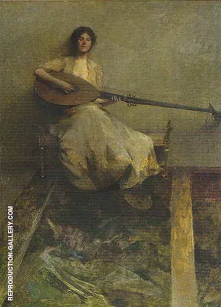 Girl with a Lute 1905 by Thomas Wilmer Dewing | Oil Painting Reproduction
