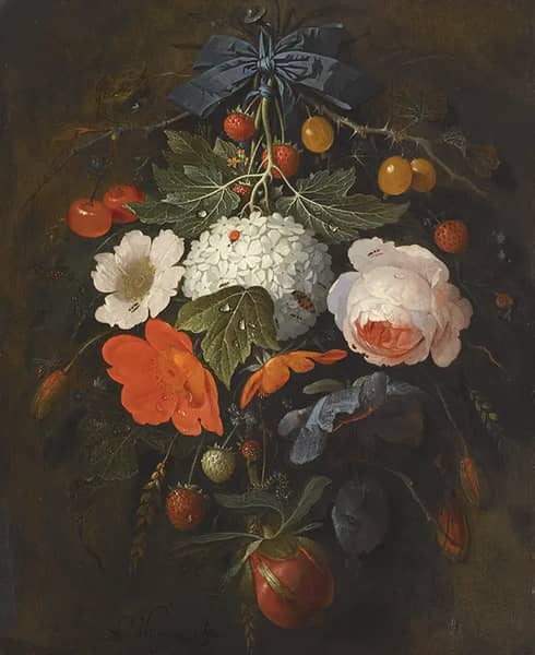 A Festoon of Flowers and Fruit Including a Pink Rose | Oil Painting Reproduction