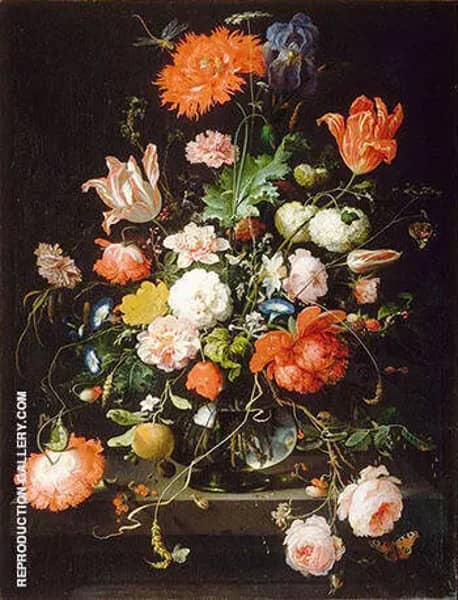 Flowers in a Crystal Decanter Placed on a Pedestal of Stone with a Dragonfly 1650 | Oil Painting Reproduction