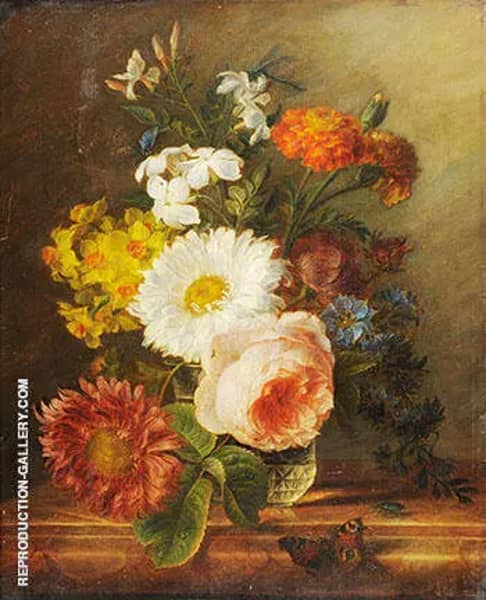 Still Liife of Flowers in a Glass Vase a Butterfly and other Insects in the Foreground | Oil Painting Reproduction
