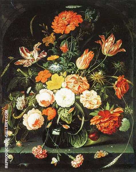 Vase with Flowers in a Niche by Abraham Mignon | Oil Painting Reproduction